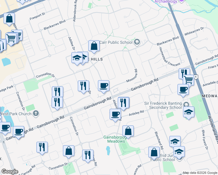 map of restaurants, bars, coffee shops, grocery stores, and more near 86 Sandalwood Crescent in London