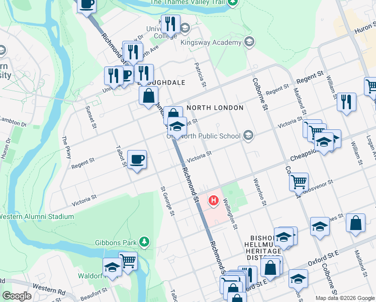 map of restaurants, bars, coffee shops, grocery stores, and more near 230 Victoria Street in London
