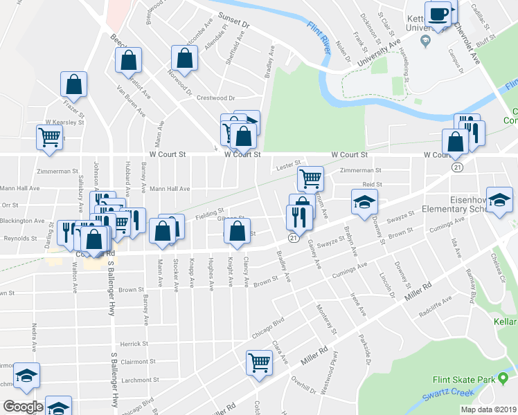 map of restaurants, bars, coffee shops, grocery stores, and more near 974 Bradley Avenue in Flint