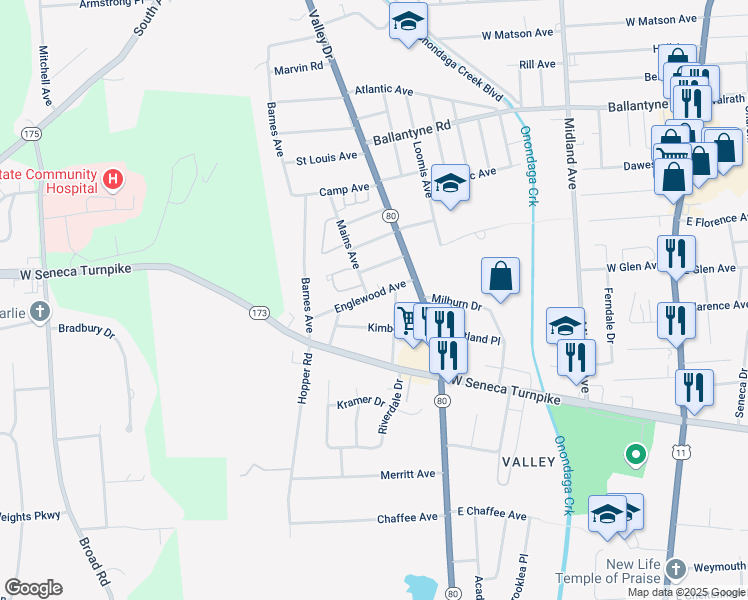 map of restaurants, bars, coffee shops, grocery stores, and more near 410 Mains Avenue in Syracuse
