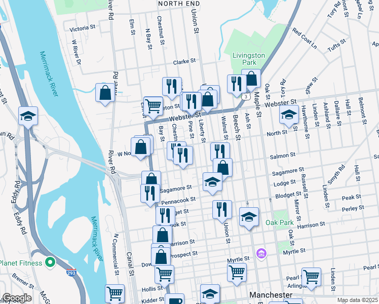 map of restaurants, bars, coffee shops, grocery stores, and more near 718 Pine Street in Manchester