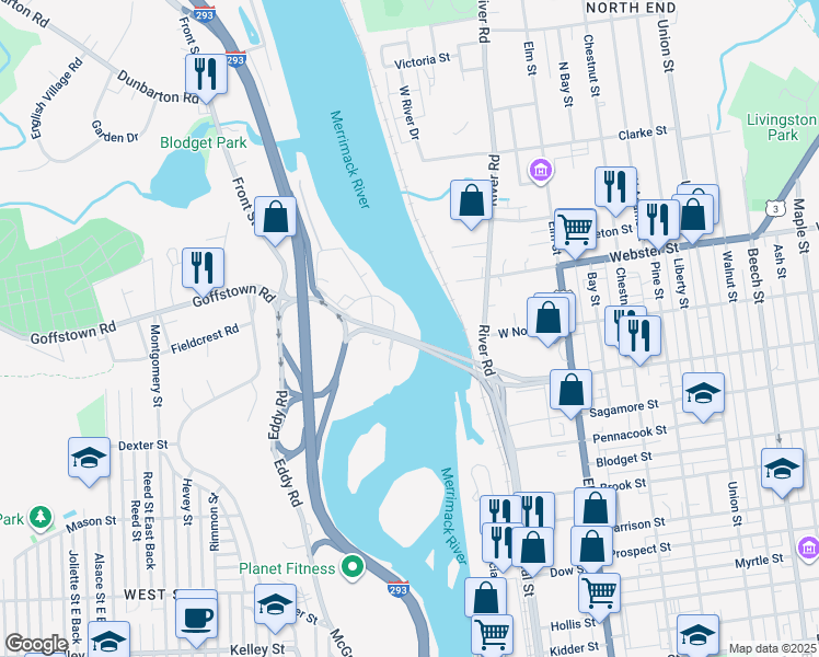 map of restaurants, bars, coffee shops, grocery stores, and more near 37 Amoskeag Street in Manchester