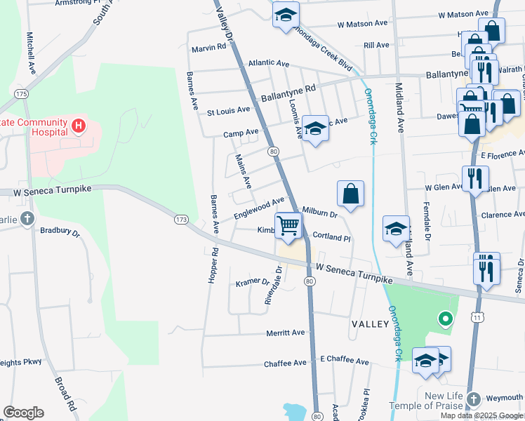 map of restaurants, bars, coffee shops, grocery stores, and more near 410 Mains Avenue in Syracuse