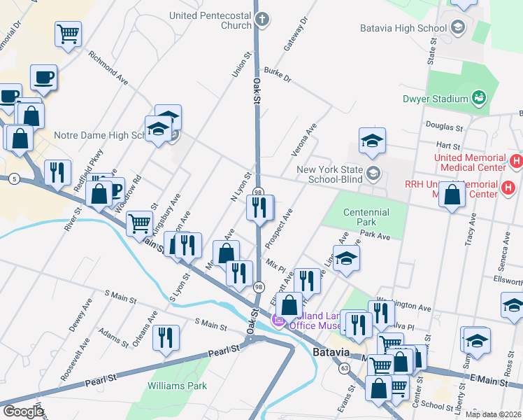 map of restaurants, bars, coffee shops, grocery stores, and more near 62 Oak Street in Batavia