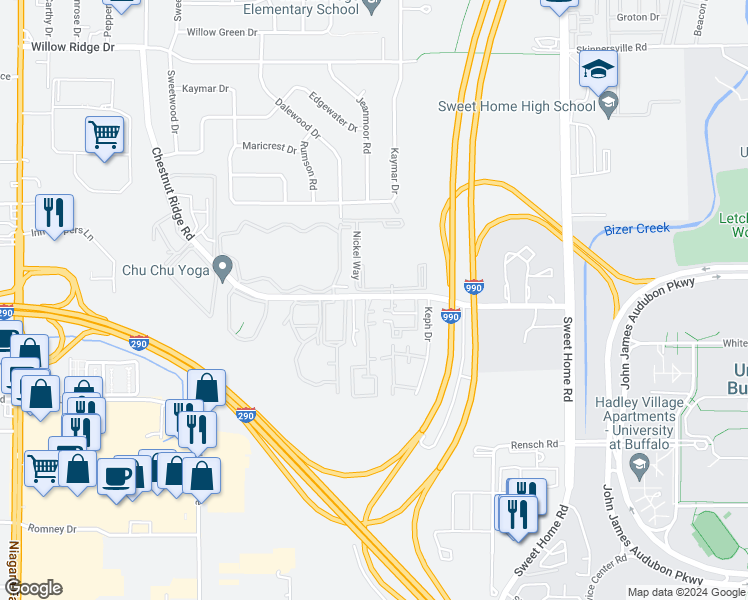 map of restaurants, bars, coffee shops, grocery stores, and more near 4101 Nickel Way in Buffalo