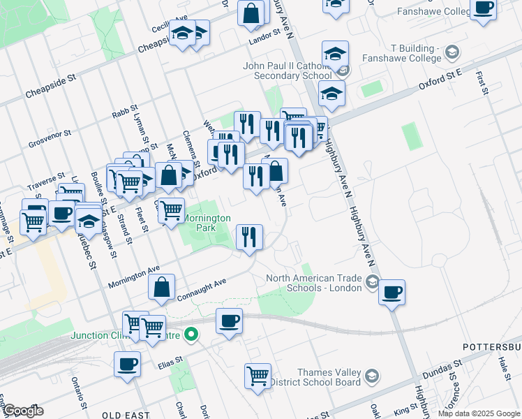 map of restaurants, bars, coffee shops, grocery stores, and more near 46 Empire Street in London