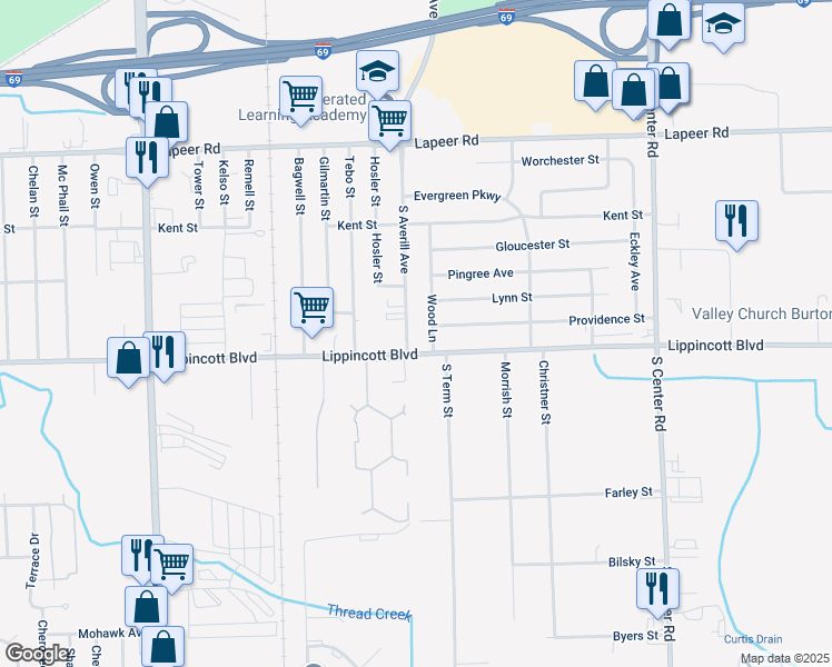 map of restaurants, bars, coffee shops, grocery stores, and more near 2030 South Averill Avenue in Flint