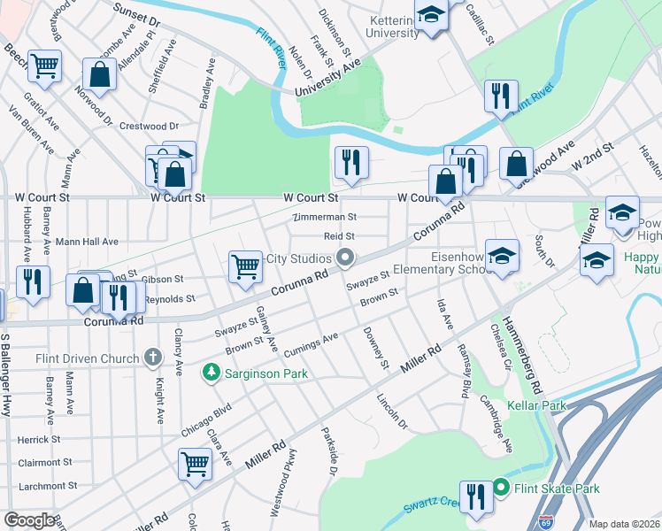 map of restaurants, bars, coffee shops, grocery stores, and more near 2418 Gibson Street in Flint