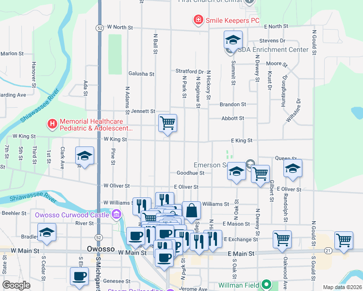 map of restaurants, bars, coffee shops, grocery stores, and more near 701 North Park Street in Owosso