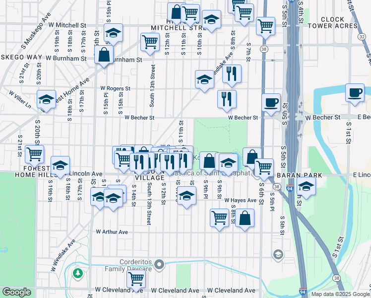 map of restaurants, bars, coffee shops, grocery stores, and more near 2166-2168 South 11th Street in Milwaukee
