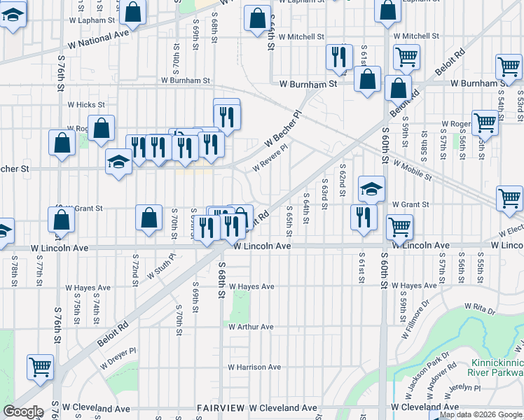 map of restaurants, bars, coffee shops, grocery stores, and more near 2190 South 66th Street in West Allis