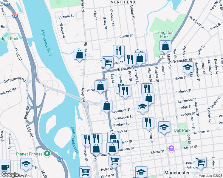 map of restaurants, bars, coffee shops, grocery stores, and more near 1799 Elm Street in Manchester