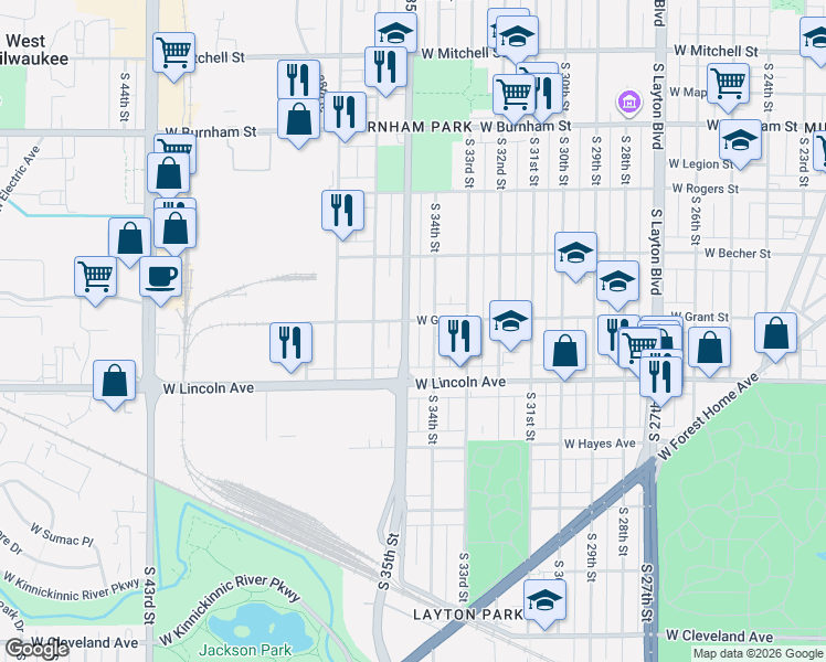 map of restaurants, bars, coffee shops, grocery stores, and more near 2173 South 34th Street in Milwaukee