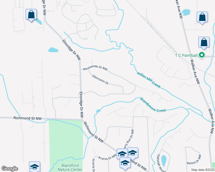 map of restaurants, bars, coffee shops, grocery stores, and more near 2641 Glencairin Drive in Grand Rapids