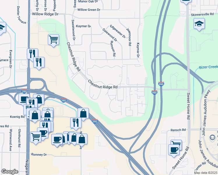 map of restaurants, bars, coffee shops, grocery stores, and more near 4421 Chestnut Ridge Rd in Erie