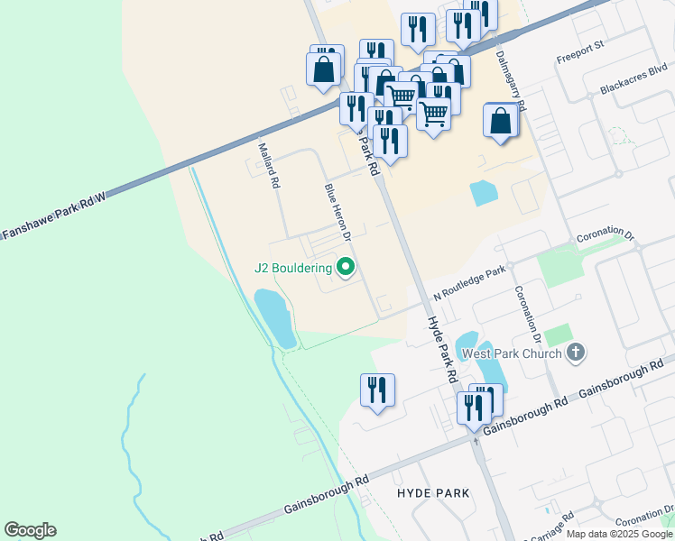 map of restaurants, bars, coffee shops, grocery stores, and more near 1828 Blue Heron Drive in London