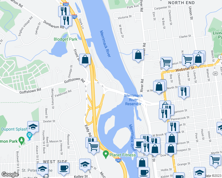 map of restaurants, bars, coffee shops, grocery stores, and more near 37 Amoskeag Street in Manchester