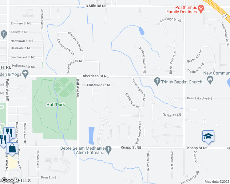 map of restaurants, bars, coffee shops, grocery stores, and more near 1812 Timberlane Lane Northeast in Grand Rapids