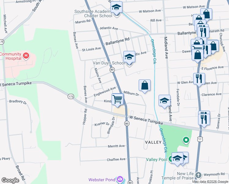 map of restaurants, bars, coffee shops, grocery stores, and more near 113 Englewood Avenue in Syracuse
