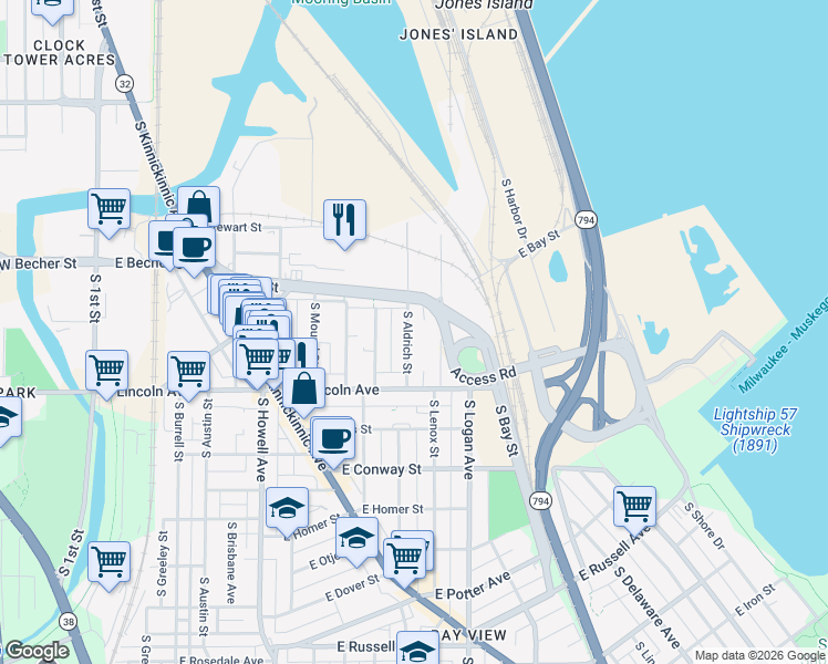map of restaurants, bars, coffee shops, grocery stores, and more near 2123 South Lenox Street in Milwaukee