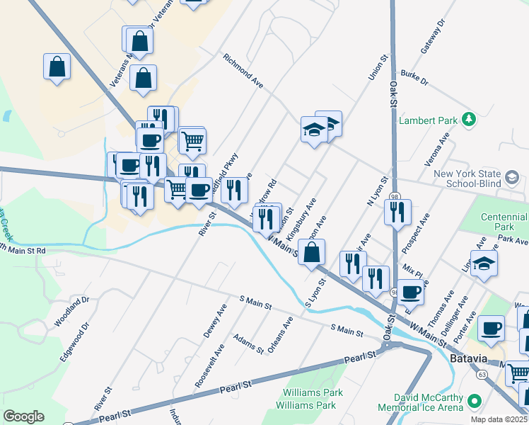 map of restaurants, bars, coffee shops, grocery stores, and more near 16 Woodrow Road in Batavia