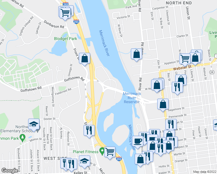 map of restaurants, bars, coffee shops, grocery stores, and more near Amoskeag Street in Manchester