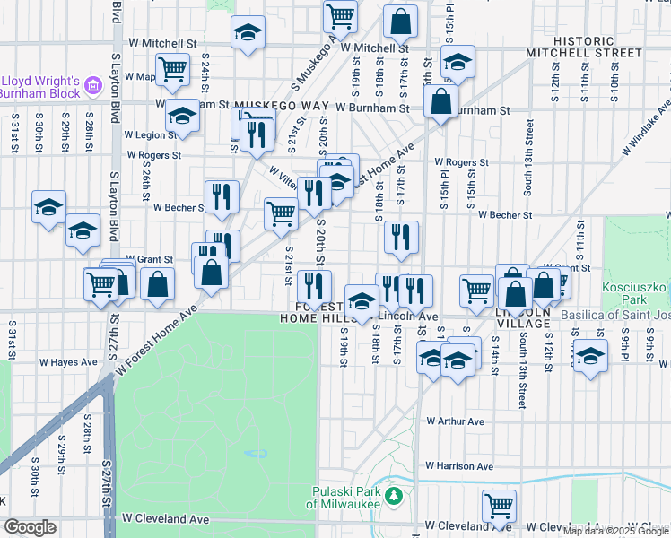map of restaurants, bars, coffee shops, grocery stores, and more near 1918 West Grant Street in Milwaukee