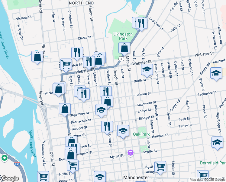 map of restaurants, bars, coffee shops, grocery stores, and more near 334 Walnut Street in Manchester