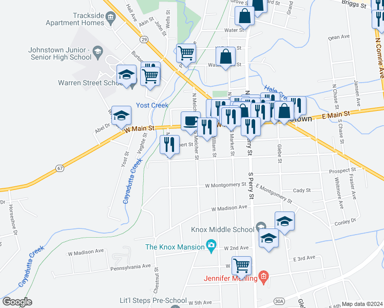 map of restaurants, bars, coffee shops, grocery stores, and more near 21 South Melcher Street in Johnstown