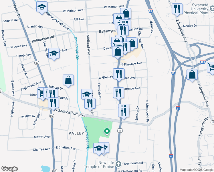 map of restaurants, bars, coffee shops, grocery stores, and more near 118 Crippen Place in Syracuse