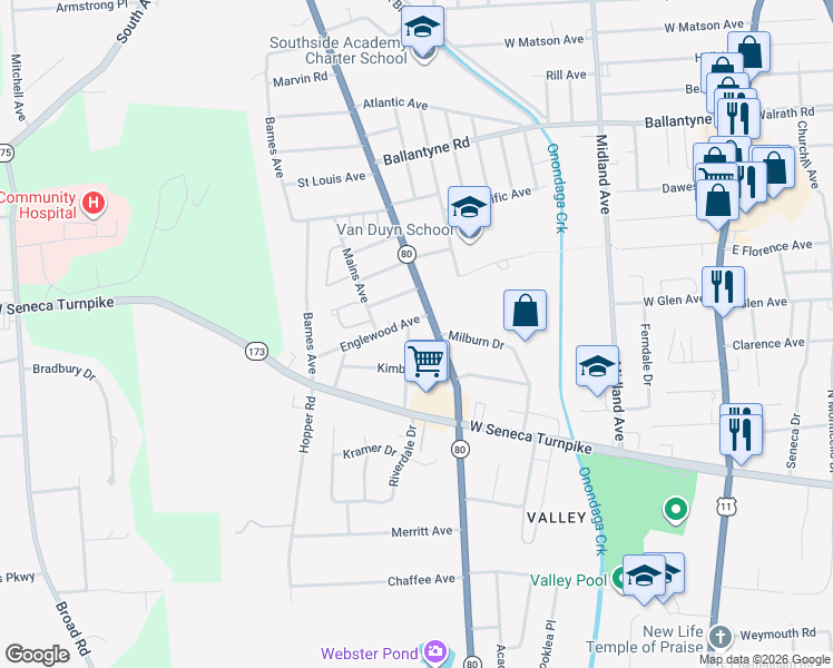 map of restaurants, bars, coffee shops, grocery stores, and more near 113 Englewood Avenue in Syracuse