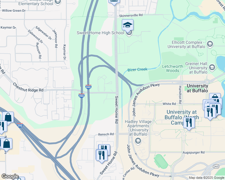 map of restaurants, bars, coffee shops, grocery stores, and more near 20 Flickinger Court in Buffalo