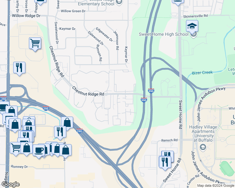map of restaurants, bars, coffee shops, grocery stores, and more near 4526 Chestnut Ridge Road in Buffalo