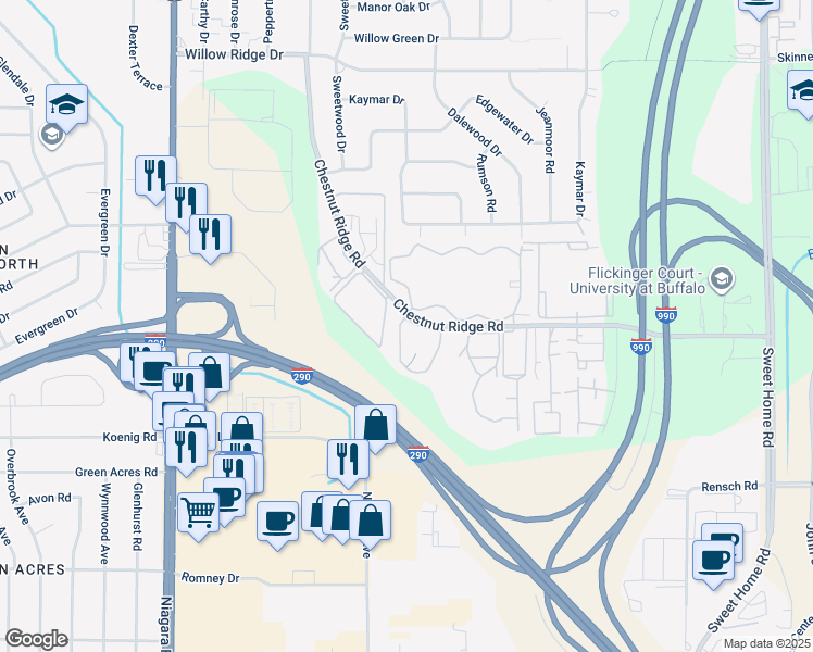 map of restaurants, bars, coffee shops, grocery stores, and more near 4393 Chestnut Ridge Road in Buffalo