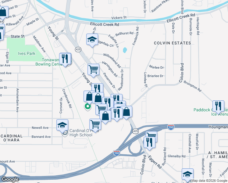 map of restaurants, bars, coffee shops, grocery stores, and more near 110 Penarrow Drive in Tonawanda
