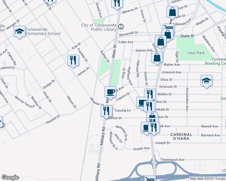 map of restaurants, bars, coffee shops, grocery stores, and more near 19 Park Avenue in Tonawanda