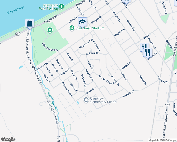 map of restaurants, bars, coffee shops, grocery stores, and more near 195 Rogers Avenue in Tonawanda