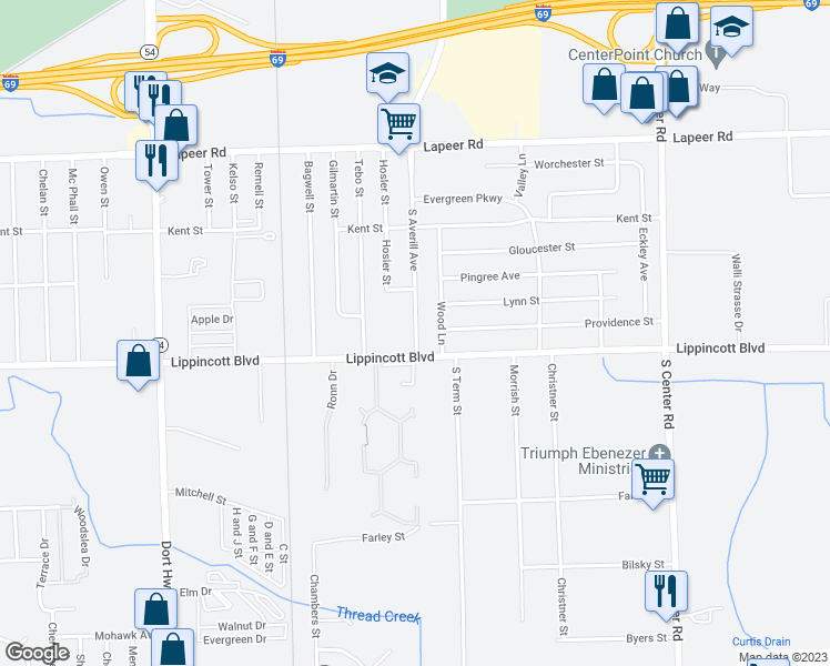 map of restaurants, bars, coffee shops, grocery stores, and more near 2030 South Averill Avenue in Flint