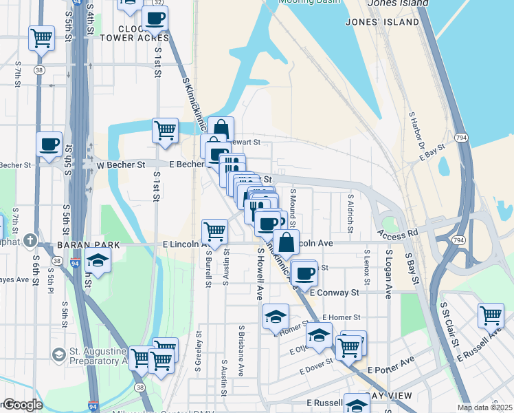map of restaurants, bars, coffee shops, grocery stores, and more near 2149 South Allis Street in Milwaukee