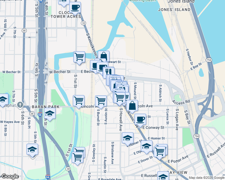 map of restaurants, bars, coffee shops, grocery stores, and more near 2173 South Kinnickinnic Avenue in Milwaukee