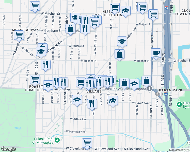 map of restaurants, bars, coffee shops, grocery stores, and more near 2169 South 13th Street in Milwaukee