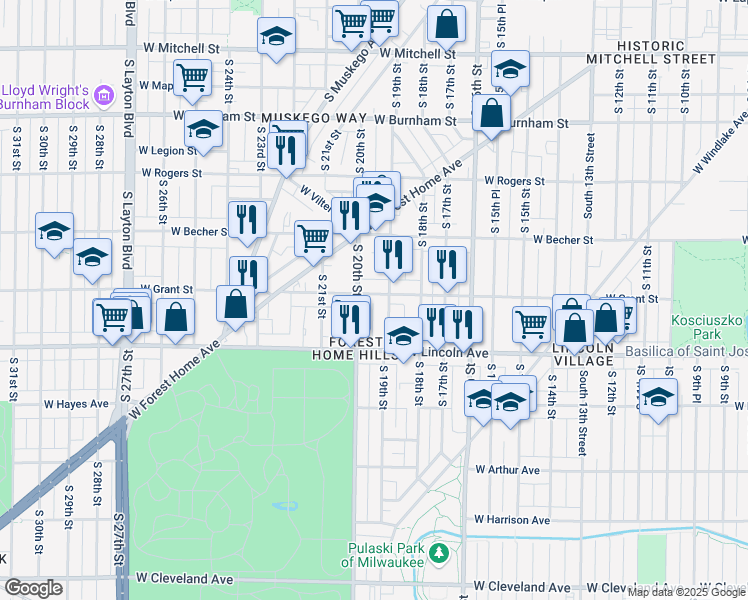 map of restaurants, bars, coffee shops, grocery stores, and more near 1918 West Grant Street in Milwaukee
