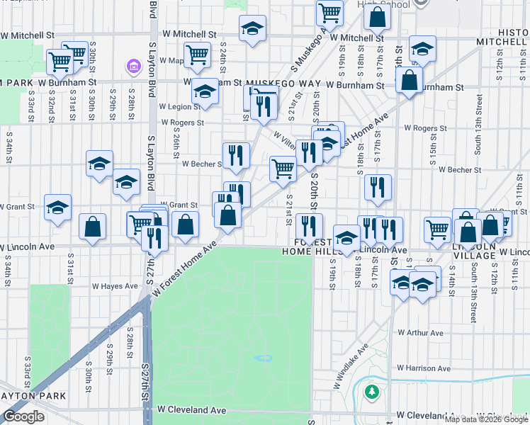 map of restaurants, bars, coffee shops, grocery stores, and more near 2120 West Grant Street in Milwaukee