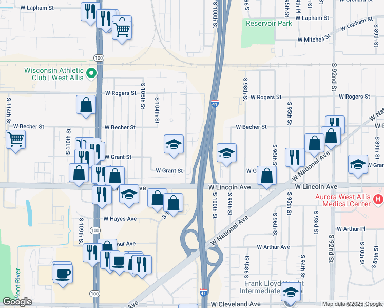 map of restaurants, bars, coffee shops, grocery stores, and more near 2147 South 102nd Street in West Allis