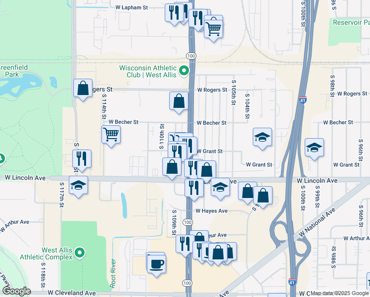 map of restaurants, bars, coffee shops, grocery stores, and more near 2149 South 108th Street in West Allis