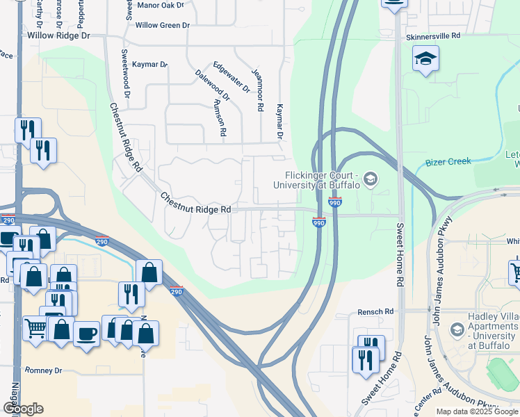 map of restaurants, bars, coffee shops, grocery stores, and more near 4524 Chestnut Ridge Road in Buffalo
