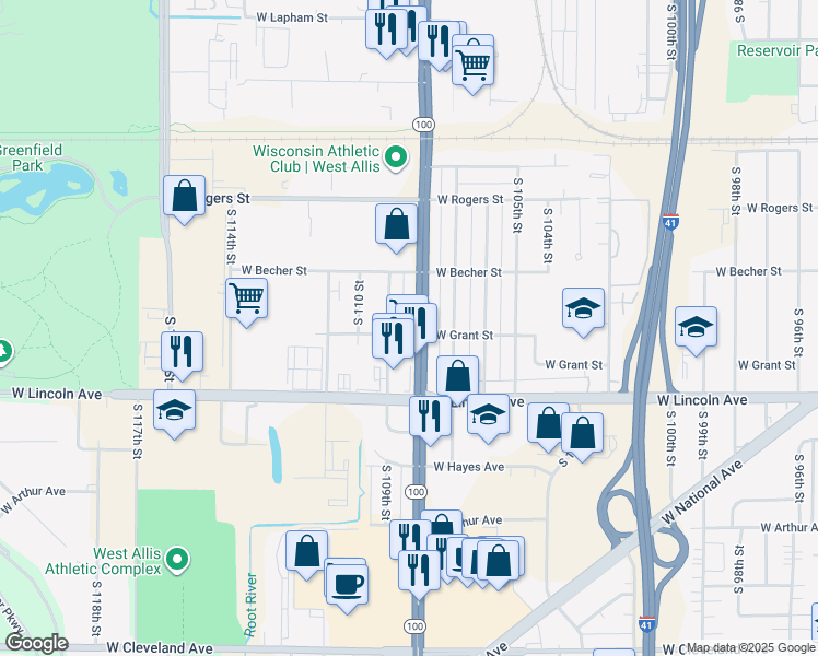 map of restaurants, bars, coffee shops, grocery stores, and more near 2149 South 108th Street in West Allis