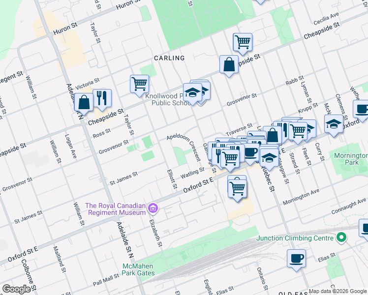 map of restaurants, bars, coffee shops, grocery stores, and more near 38 Bellwood Crescent in London