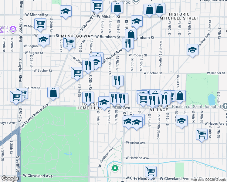 map of restaurants, bars, coffee shops, grocery stores, and more near 1711 West Grant Street in Milwaukee