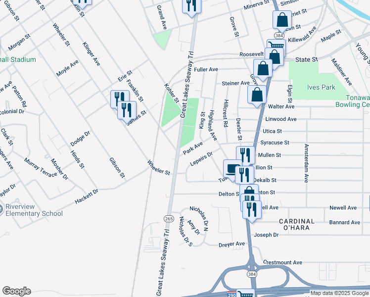 map of restaurants, bars, coffee shops, grocery stores, and more near 19 Park Avenue in Tonawanda